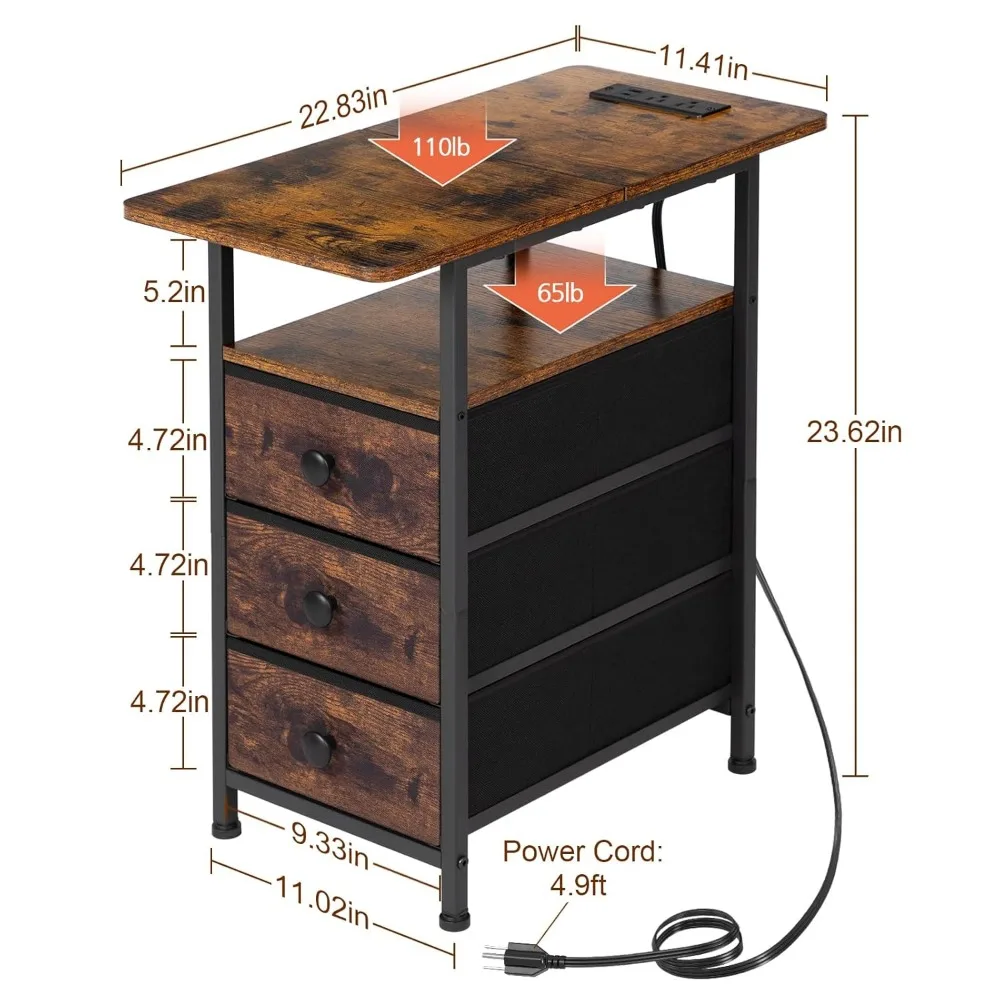 طاولات نهاية مذهلة لغرفة المعيشة مع قاعدة شحن، طاولة جانبية ضيقة مع منافذ ومنافذ USB، منضدة رفيعة مع 3 Fa