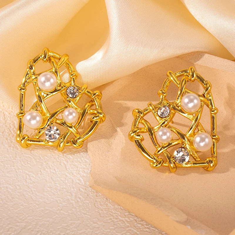 ENSHIR 316L Stainless Steel Imitation Pearls Irregular Circle  Heart Earrings For Women French Niche Jewelry Gifts Wholesale