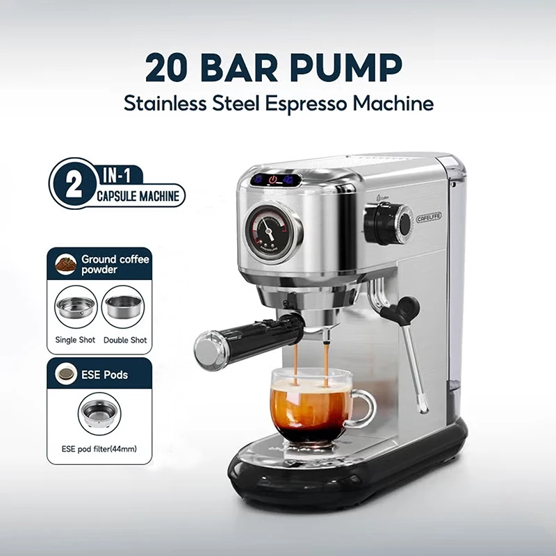 CAFELFFE MK-601 Professionelle Barista-Pump-Espressomaschine mit Milchaufschäumer, 20 Bar Espresso- und Cappuccino-Maschine, für gemahlenen Kaffee und ESE-Pads geeignet, 1450W 1,1L
