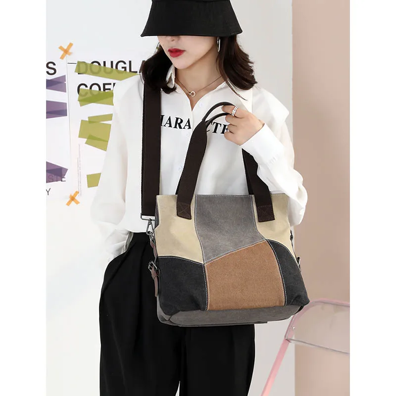 قماش ريترو سعة كبيرة للجنسين المرقعة نمط المرأة Crossbody حقيبة ساعي حقائب رسالة الكتف المتسوق المحفظة #2