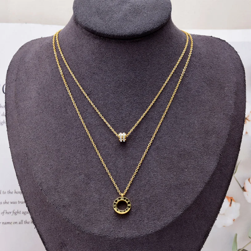 316L Stainless Steel Fashion Fine Jewelry 2 Layer Zircon Round Roman Numerals Charms Chain Choker Necklaces Pendants For Women