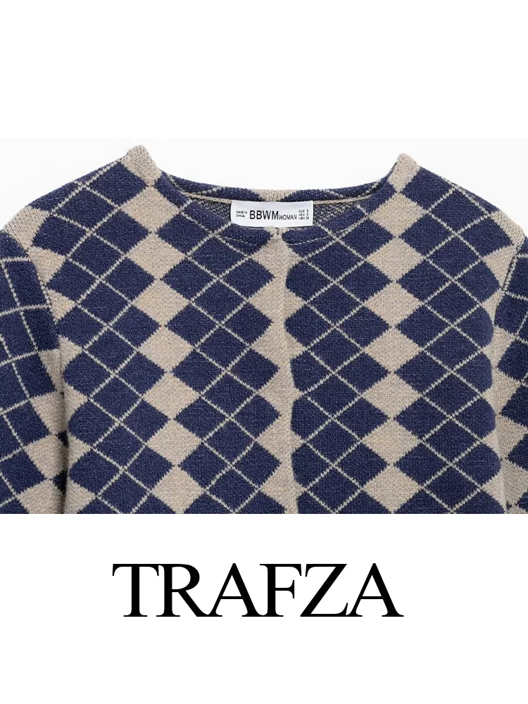 TRAFZA Frauen Herbst Chic einreiher Lange Ärmel Oansatz Gestrickte Pullover Frau Diamant Muster Jacquard Taschen Strickjacke Top