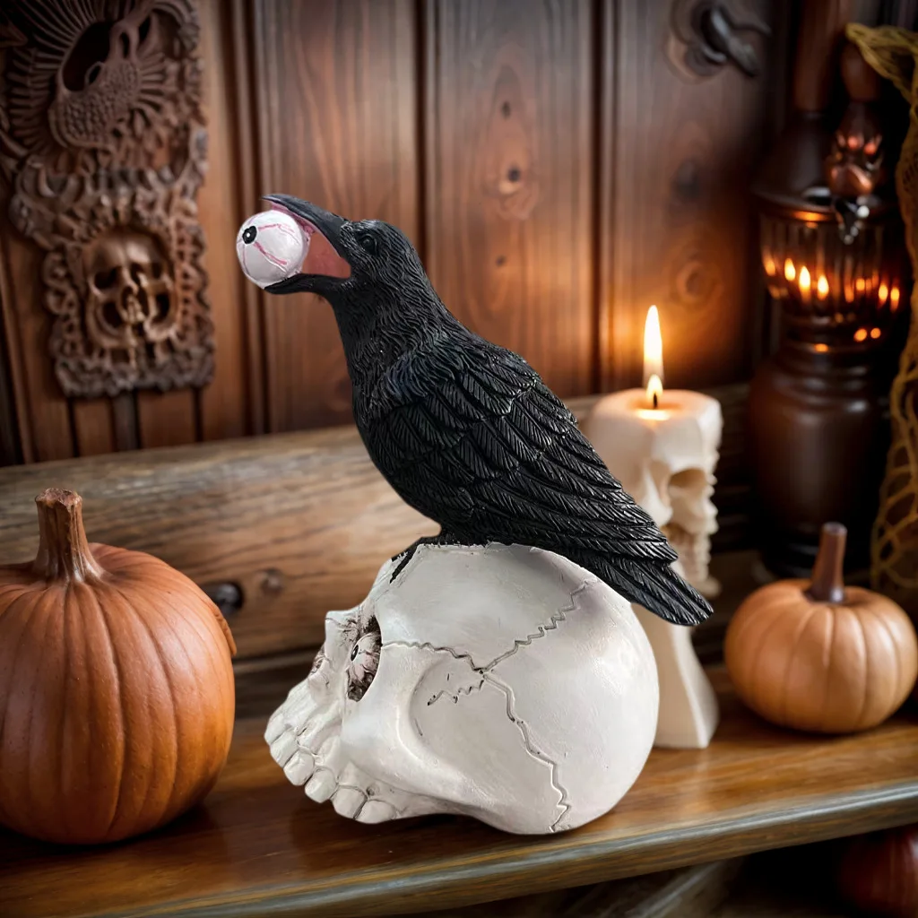 Horror Eyeball Crow Skull Resin Statue Dark Gothic Raven Sculpture Halloween Party Layout Decor Home Shelf Spooky Ornament