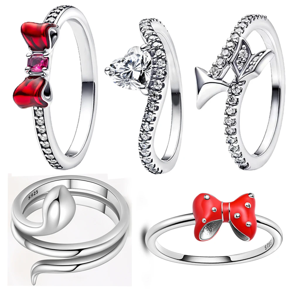 NEW 925 Sterling Silver Red Bow&Eternal Heart&Arrow of Love&Serpentine Ring Lucky Gift Jewelry for Girls