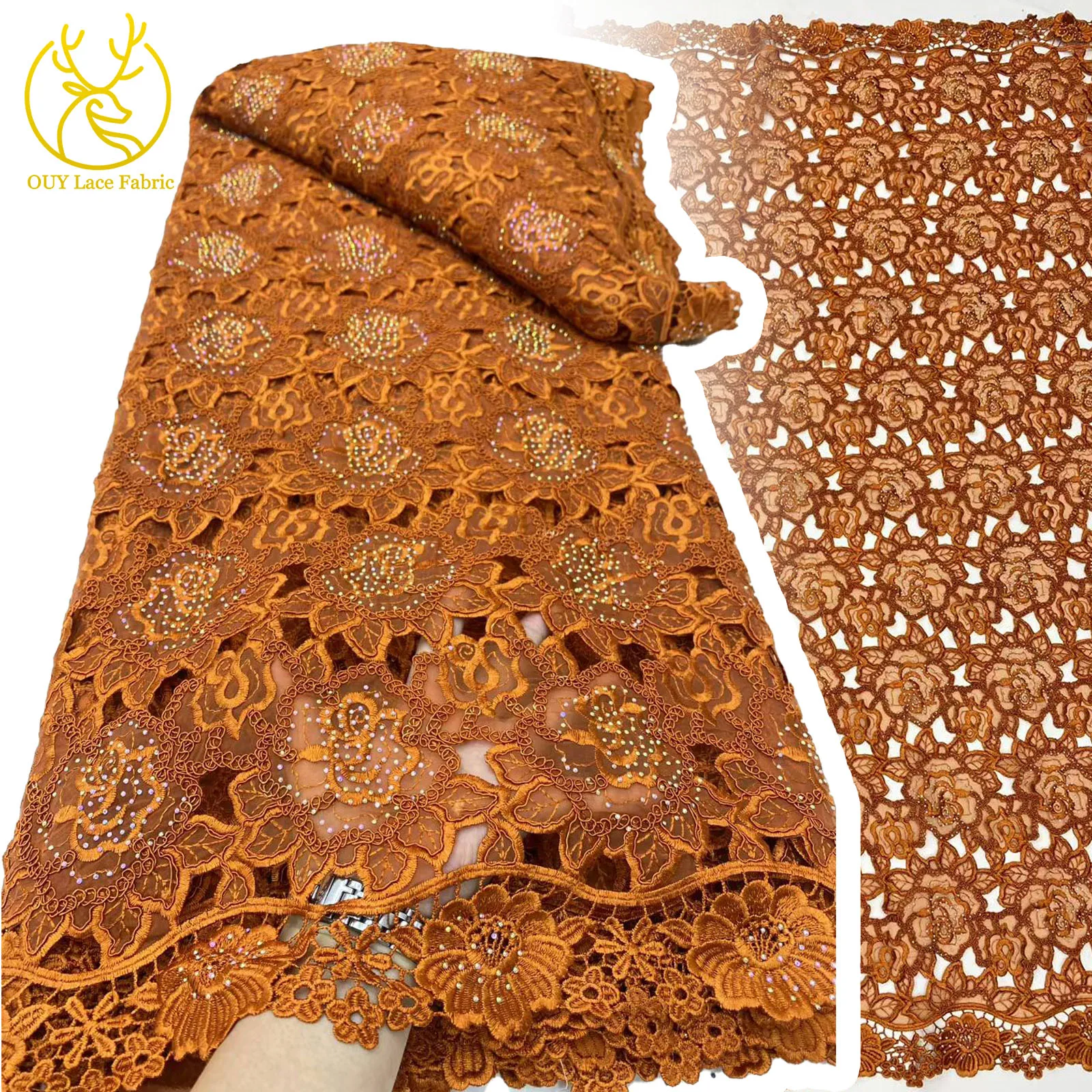 

Hot Sale African Water Soluble Lace Fabric Beautiful Stone Rope Guipure Fabric Embroidered Lace For Women Party Dresses 5 Yards
