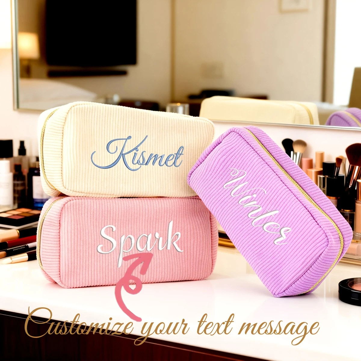 Embroidered Name Corduroy Makeup Bag Customized Women Cosmetic Bag Beauty Pouch Perfect Bridesmaid Gift for Wedding Celebration
