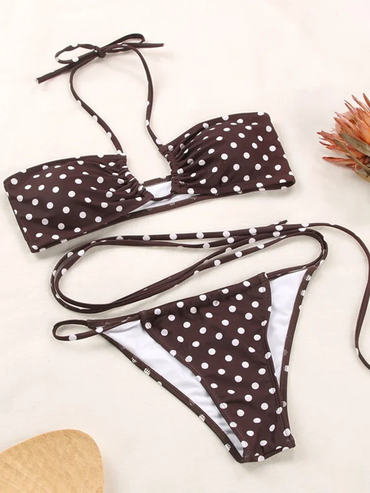 2025 Sexy 2 Piece Bikinis Suit Halter Swimwear Women Beachwear Wave Point Swimsuit Female Holiday Beach Print Bikini Set