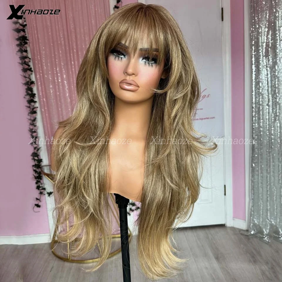 Honey Blonde #27 Glueless Human Hair Body Wave Fringe Wigs 13x4 Silk Top Lace Front Wigs With Bangs Full Lace 360 Lace Front Wig
