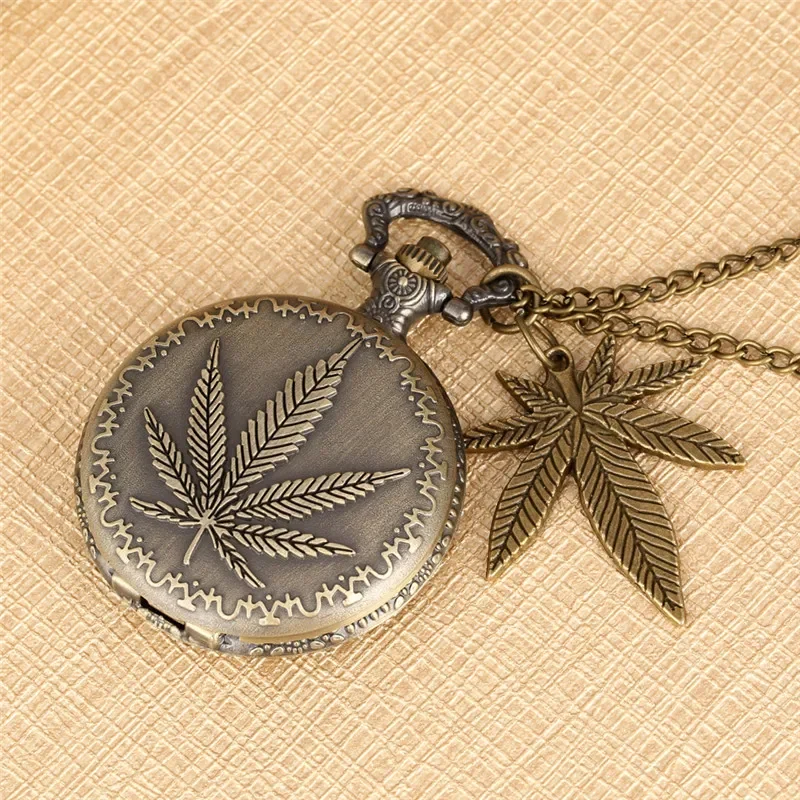 Bronze Engraved Leaf Design Full Hunter Quartz Analog Pocket Watch for Men Women with Sweater Necklace Chain Collectable Clock