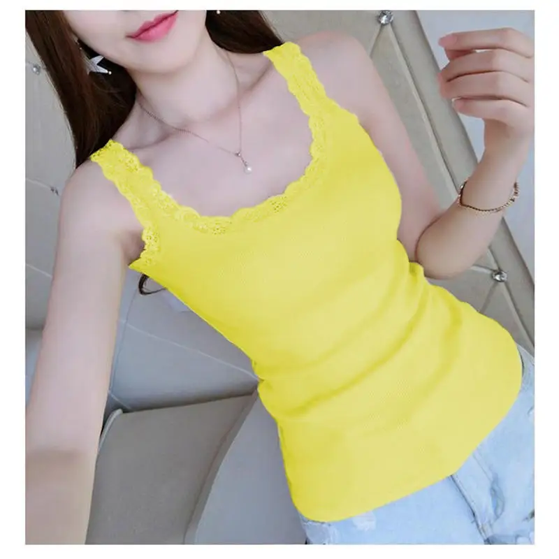 女性カジュアルキャミソールレース U ネックノースリーブ Tシャツ女性春夏スリムフィットシンプルなストラップトップベスト女性のための