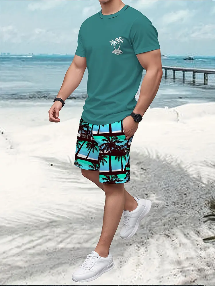 Hawaiian Men\'s Short Sleeve Top And Beach Shorts Set Summer Casual Everyday Men\'s T-shirt Palm Leaf Print Men\'s Fashion Shorts