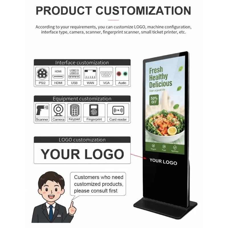32 43 50 55 65 75 85 Inch Touch Screen Kiosk Interactive Floor Standing Digital Signage Android LCD Advertising Display