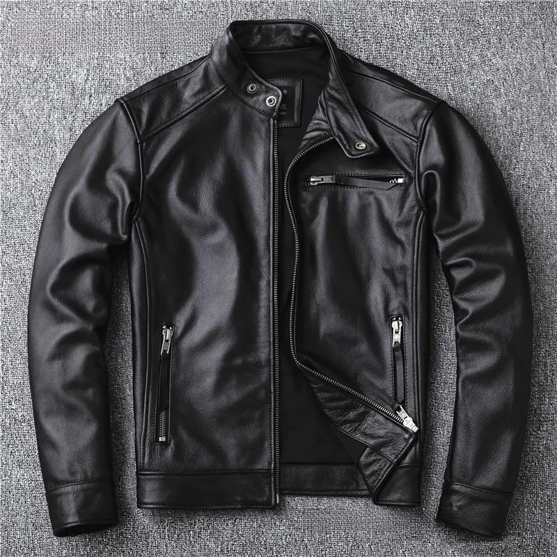 

A new style of men's short calfskin stylish stand-up collar motorcycle single-leather