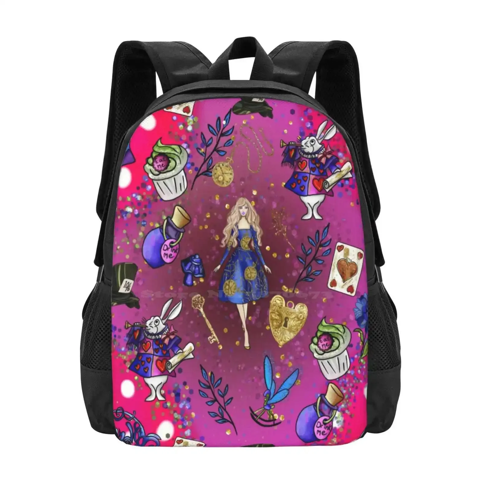 Pattern Design Laptop Travel School Bags Alice Mushrooms White Rabbit Queen Of Hearts Absalom