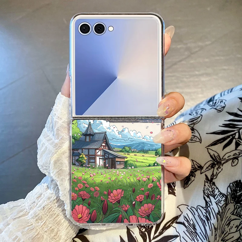 Landscape Painting Printed Phone Case For Samsung Galaxy Z Flip 8 7 FE 6 5 4 3 5G Clear Hard PC Cover For Samsung Z Flip8 Flip7