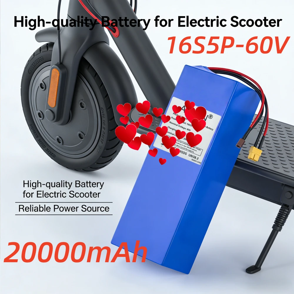 

20Ah 60V 16S5P 2000W high-power lithium battery, built-in BMS, used for motorcycle, scooter, bicycle engine battery replacement