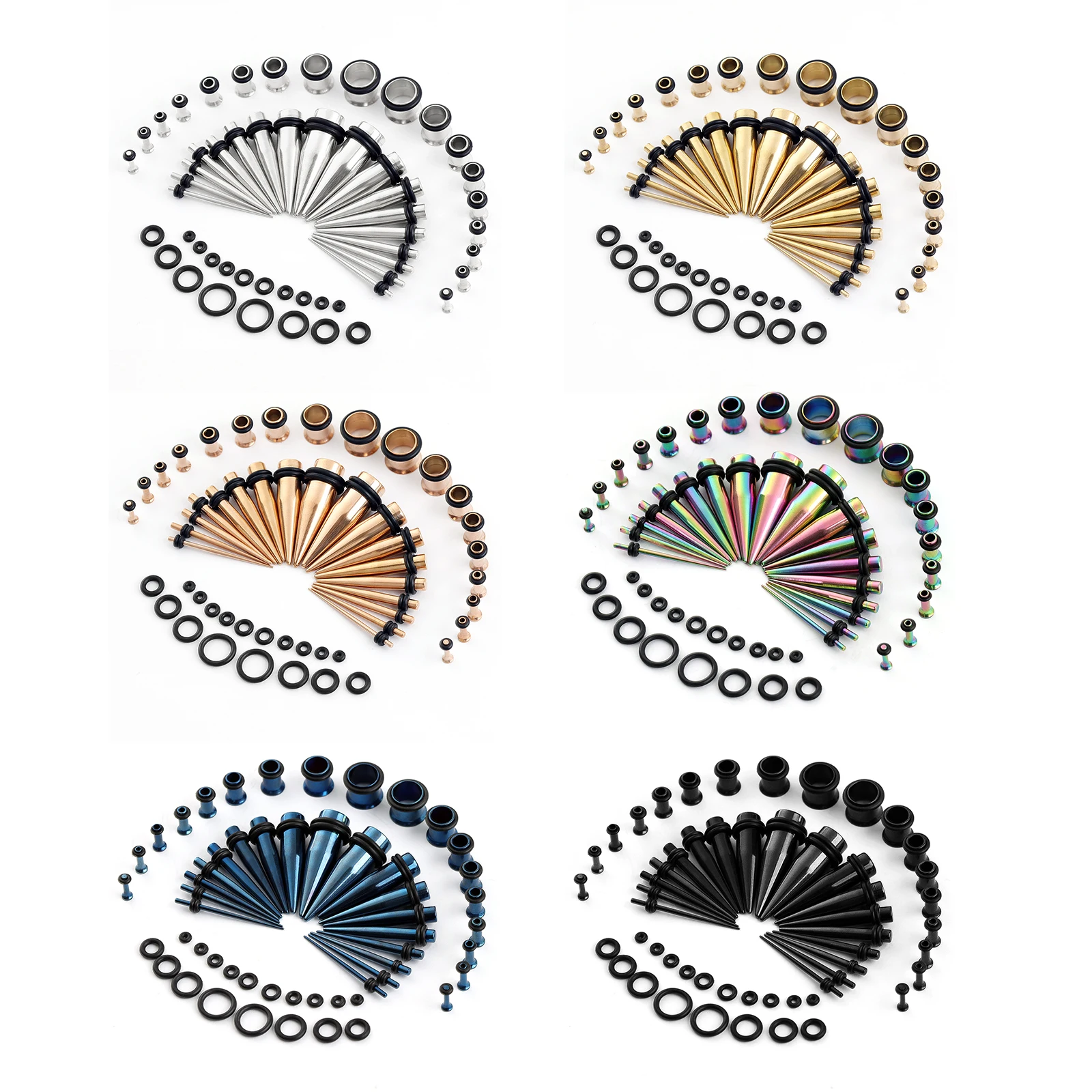 36PCS 316L Stainless Steel Ear Gauges - Single Flare Spike Plugs, Colorful Cartilage Piercing Jewelry Kit for Men Women