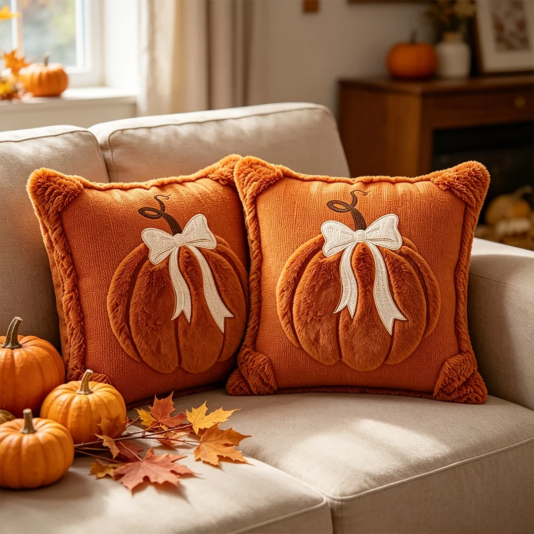 2PCS Plush Pumpkin Bow Pillow Covers 18x18