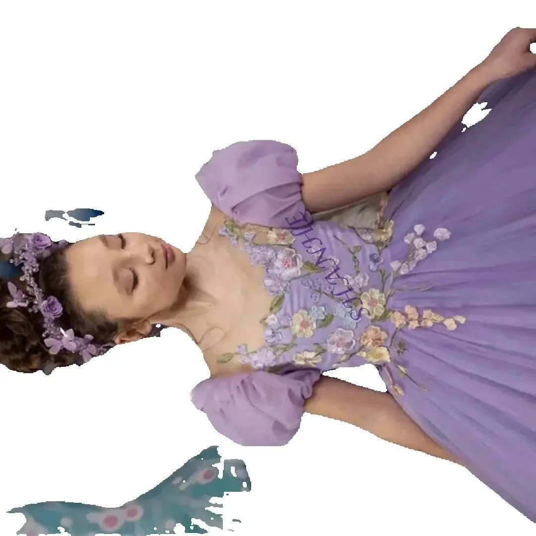 

Lavender Flower Girl Dresses for Wedding Floral Appliques Floor Length Girl Kids Birthday Party First Holy Communion Gowns