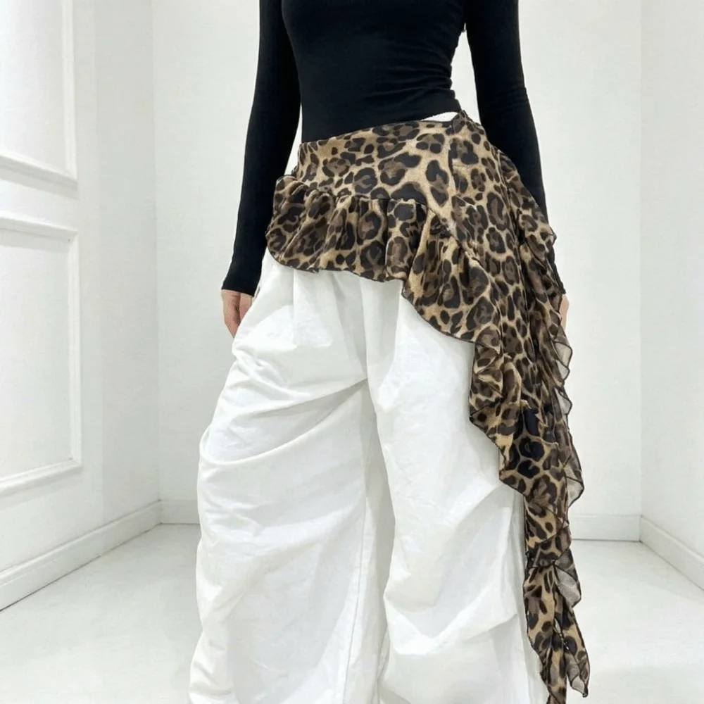

Solid Color Butt Curtain Skirt High Waist Leopard Print Ruffles Trim Butt Curtain Waist Scarf Irregular Hem Mini Apron