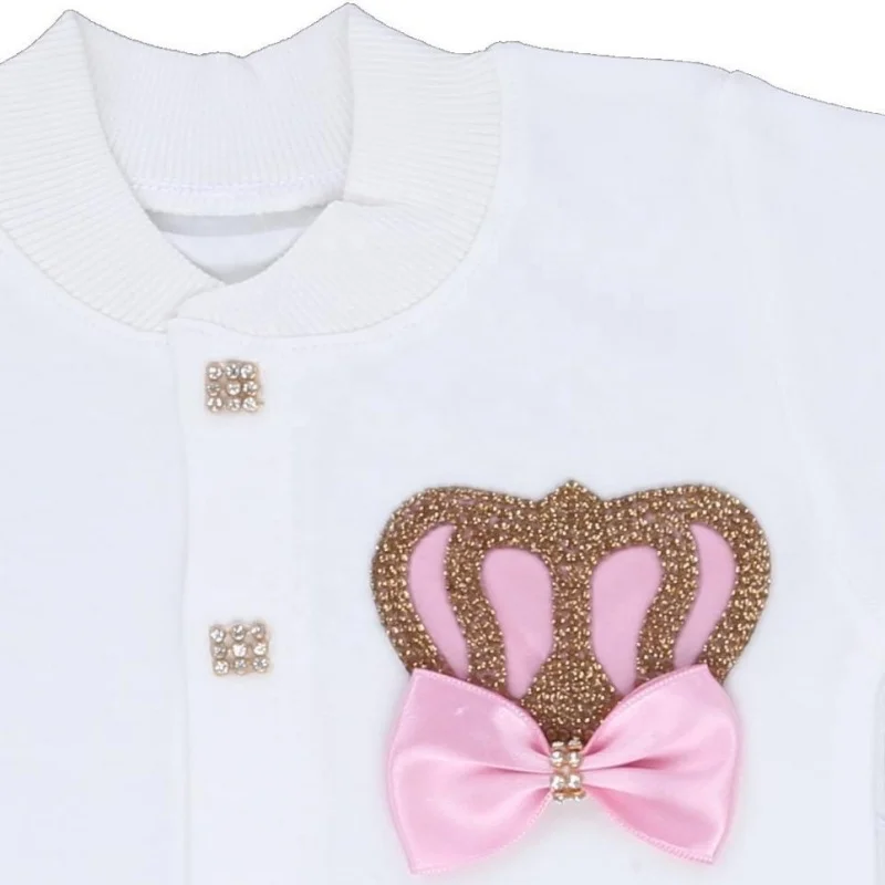 Rose Gold Pink Crown & Bow Baby Outfit Set, Soft Cotton Newborn Romper with Hat & Mittens, Sparkly Rhinestone Design