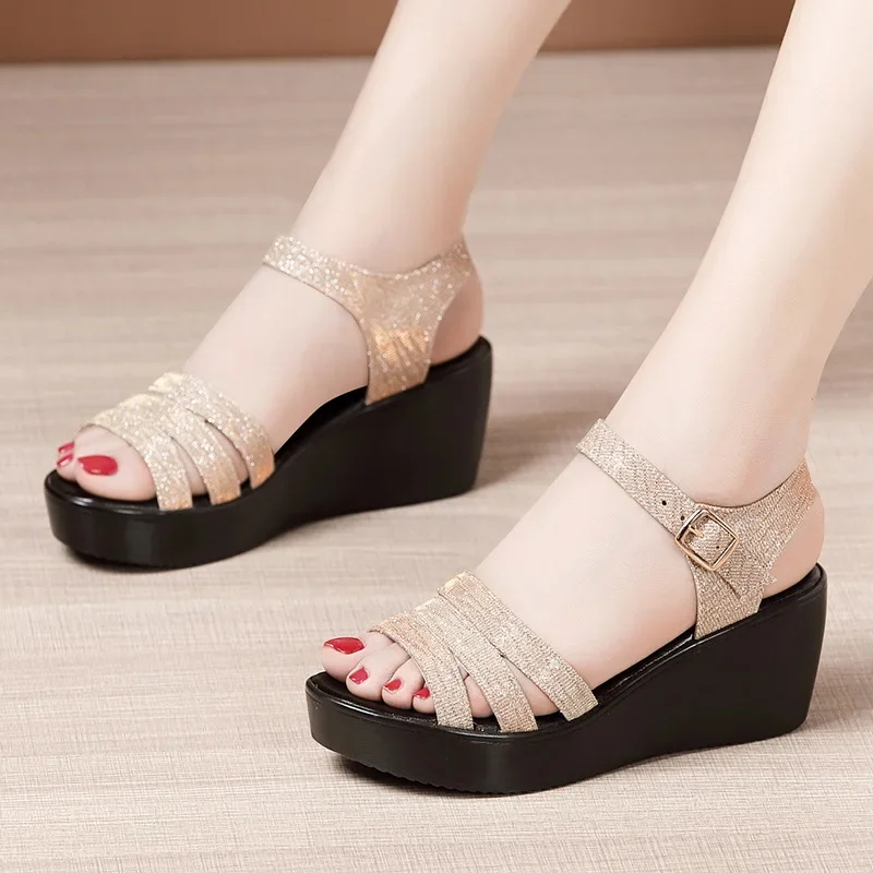 6cm Small Size 32-43 Gold Silver Wedding Office Medium Heels Wedges Shoes for Women Summer 2024 Beach Platform Sandals