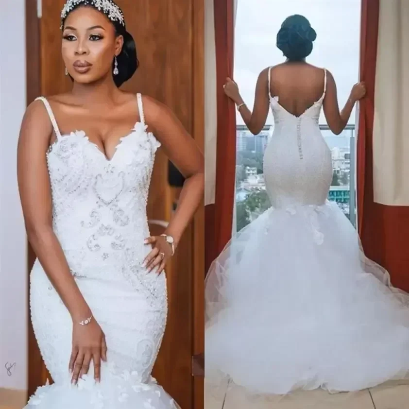 Robe de mariée sirène africaine personnalisée, grande taille, Sexy, dos ouvert, dentelle perlée, faite à la main, 2023