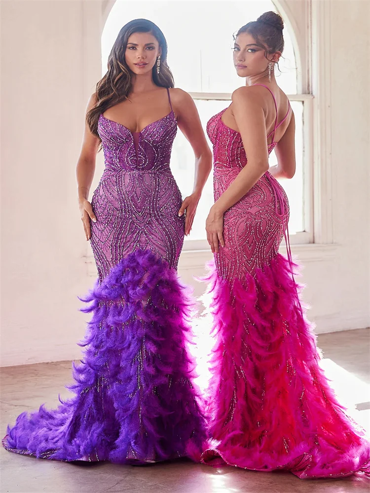 Elegant Sleeveless V-neck Bodice with Spaghetti Straps Corset Boning Evening Dress Open Lace-Up Back Sweep Train Feathers Gowns