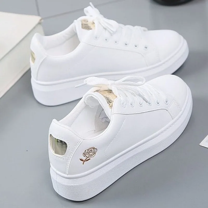 

Flat Lace Up Rose Embroidered White Shoes for Women, 2026 Spring New Sports Shoes, Casual Vulcanized Shoes