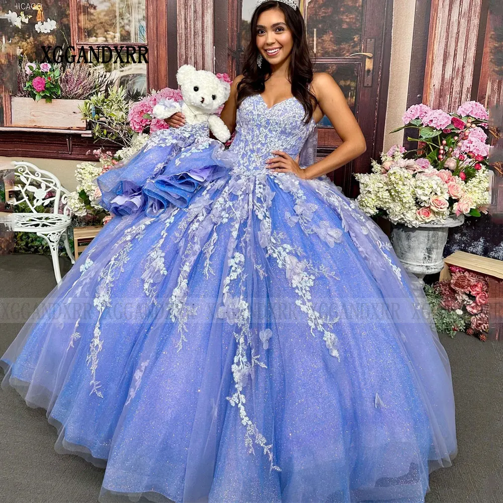 Vestido De quinceañera azul con estampado Floral 3D, traje De Baile De Princesa con lentejuelas, mariposa, 15 Años, con capa, 2024