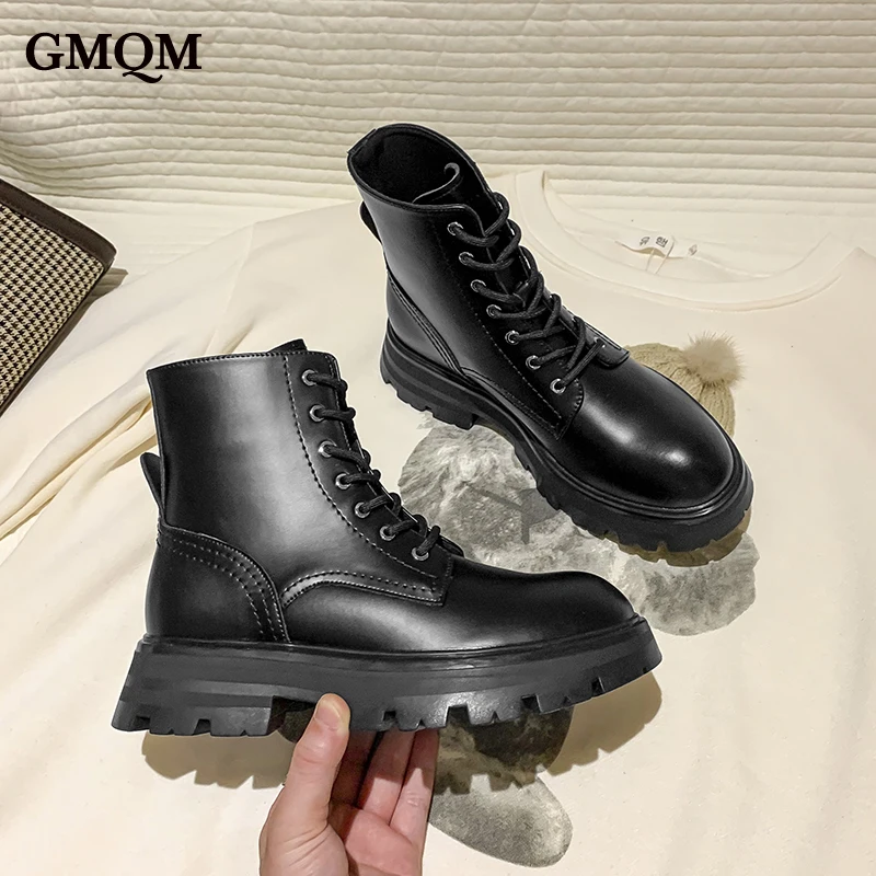 GMQM Genuine Leather Ankle Boots Fashion Women\'s New 2022 Platform Autumn Winter Big Size 42 Lace-up Low Heel British Style Warm