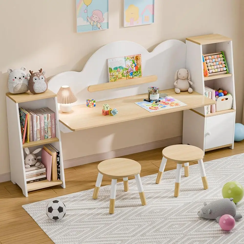

Children's Study Desk with Bookshelves and 2 Stools, Storage Desk Set for Kids Aged 3-8, Wooden Writing Table for Students