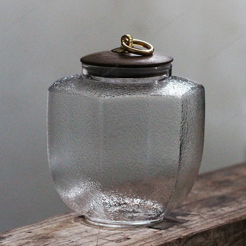 For retro copper buckle tea can glass sealed jar, hammer glass small storage tank tea warehouse