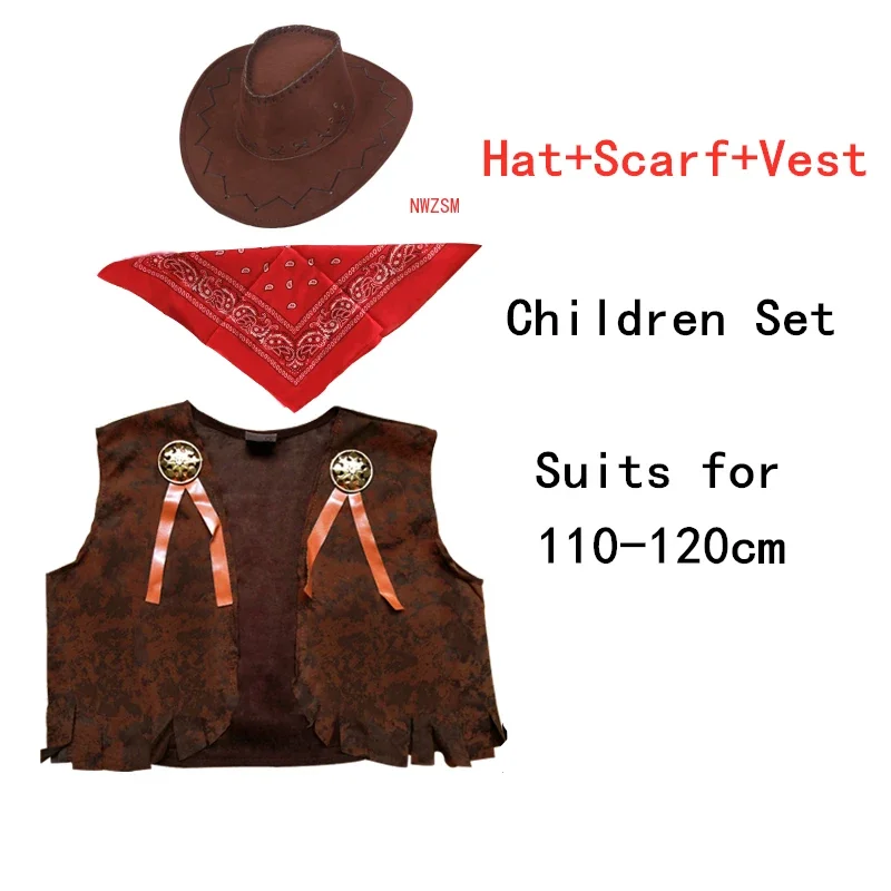 2022 Kinderen Volwassen Cowboy Cosplay Kostuums Halloween Party Maskerade Jongen Vrouw Wilde Westen Fancy Cowgirl Vest Cap Sjaal Outfits