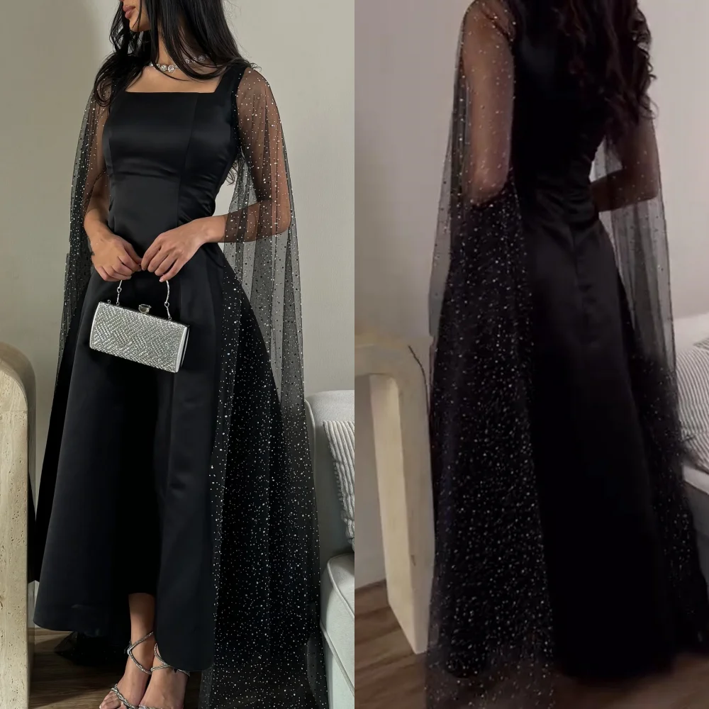 

Customized Modern Style Matching Charmeuse Sequined Pleat A-line Square Neck Ankle Length Dresses Bespoke Occasion Dresses Retro