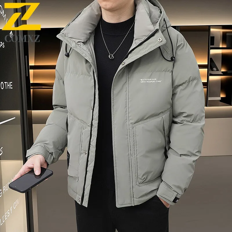 COMXZ Winter Puffer Jacket 2025 Casual Hooded Commuting Office Windproof Down Coat Slim Fit White Duck Down Thickened Garment