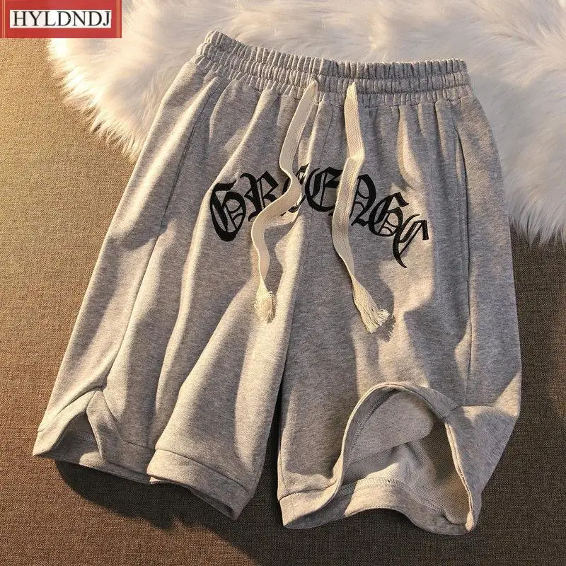 Shorts de streetwear casual de cinco pontas masculino, bordado com letra vintage, elástico na cintura, roupa exterior solta, verão, novo, 2022