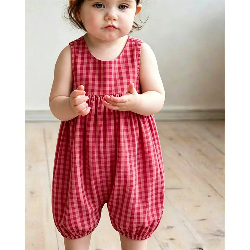 2026 Nordic Style Sleeveless Jumpsuit for Girls Summer Thin Climbing Clothes Children Checkered Rompers Baby Outdoor Clothes