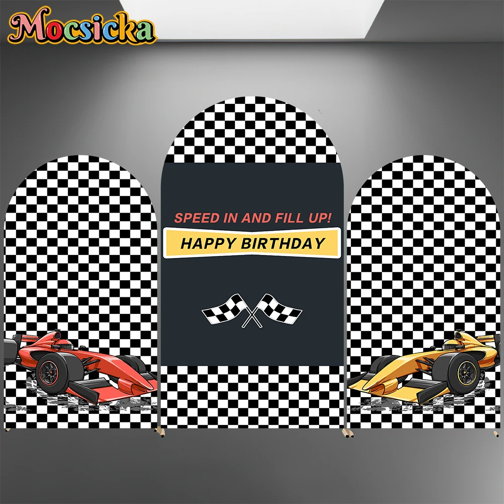 

Mocsicka Happy Birthday Arch Cover Backdrop Elastic Double-Sided Car Race Party Arched Background Black White Squares Decoration