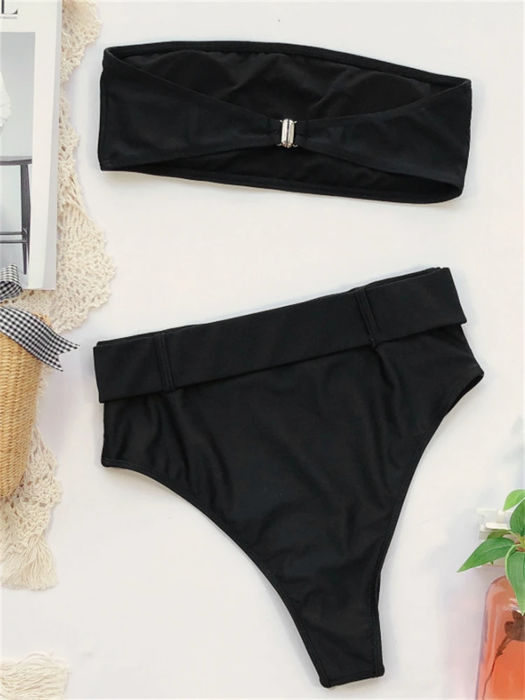 Bikini Women Swimsuit 2024 New Black Bandeau Bikinis Set Sexy High Waist Swimwear Summer Two Piece Beachwear Bathing Suit Female