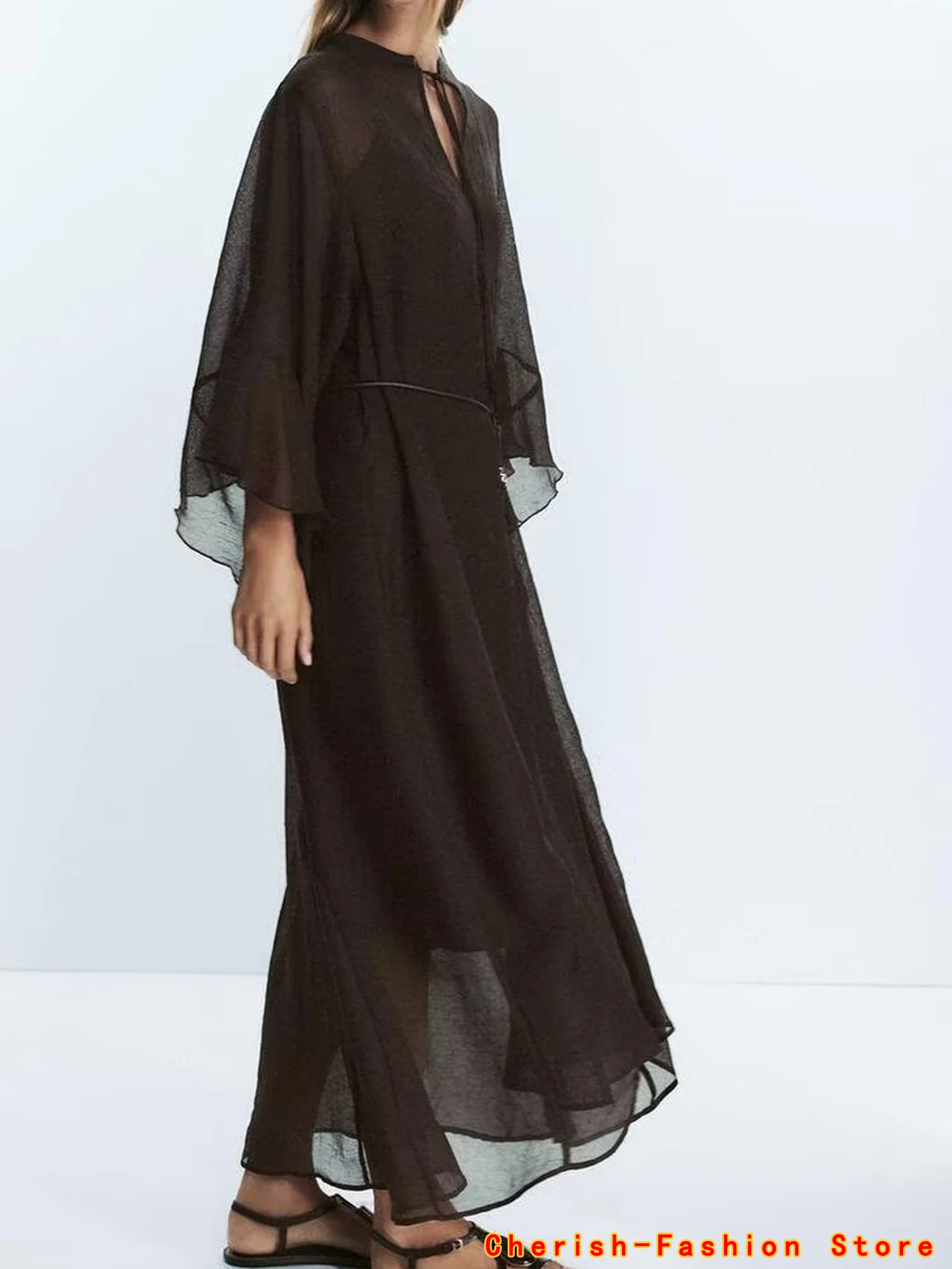 Ruffle Lange Jurken voor Vrouwen Fee Ruches Merk Jurk Vrouwen Lente Semi Sheer Dames Jurken Losse Party Damesjurk