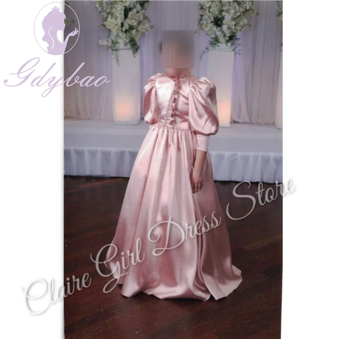 

Customized Pink Flower Girl Dresses For Wedding Satin Floor Length Elegant Kids Birthday Party First Communion Ball Gown