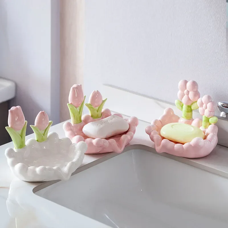 Ceramic Drain Soap Box, Cute Flower Drain, Home Creative Light, Luxury Drain Sink, Bathroom Shelf