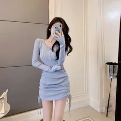 Blue Sexy Daring Short Woman Dress U Neck Crochet Dresses for Women Clothes Extreme Mini Bodycon Knitted A Line Korean Fashion