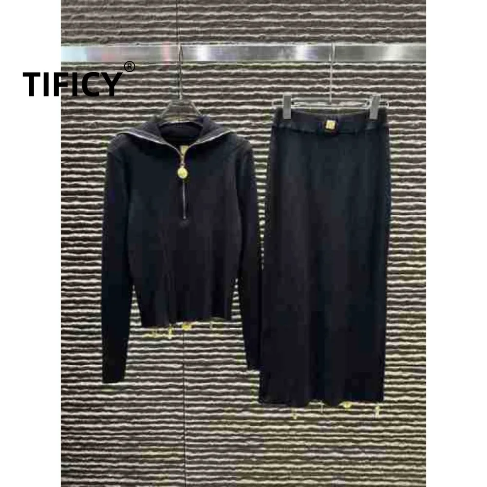 

High Street Two Piece Set Women's Autumn New Half Zipper Collar Knitted Long Sleeve Long Skirt with Irregular Buckle Pendant Set