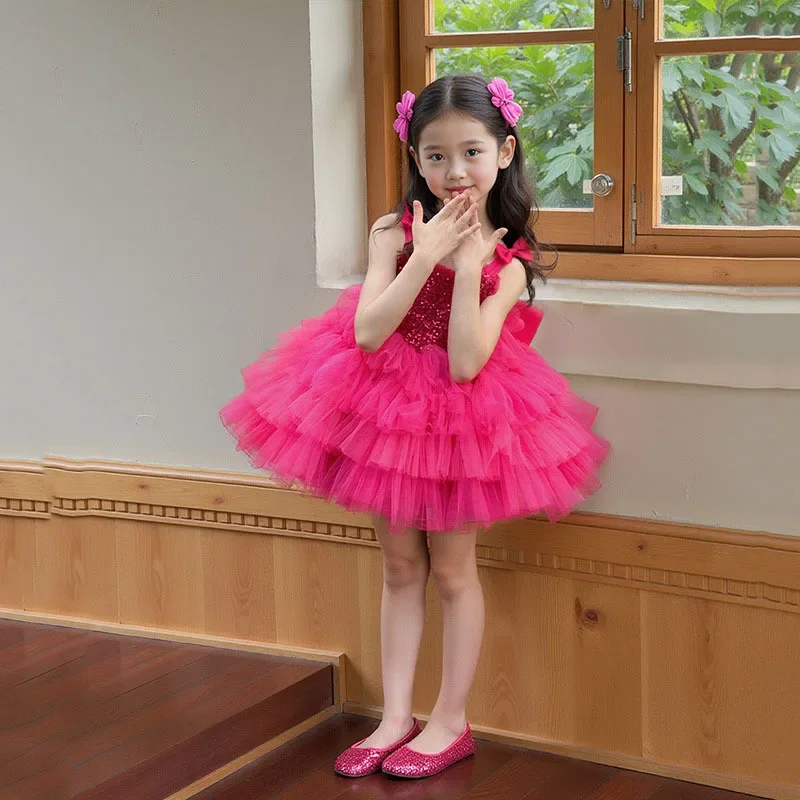 Baby Girl Solid Color Tulle Princess Dress 2025 New Summer Birthday Party Sleeveless Sequin Ballet Performance Children Dresses