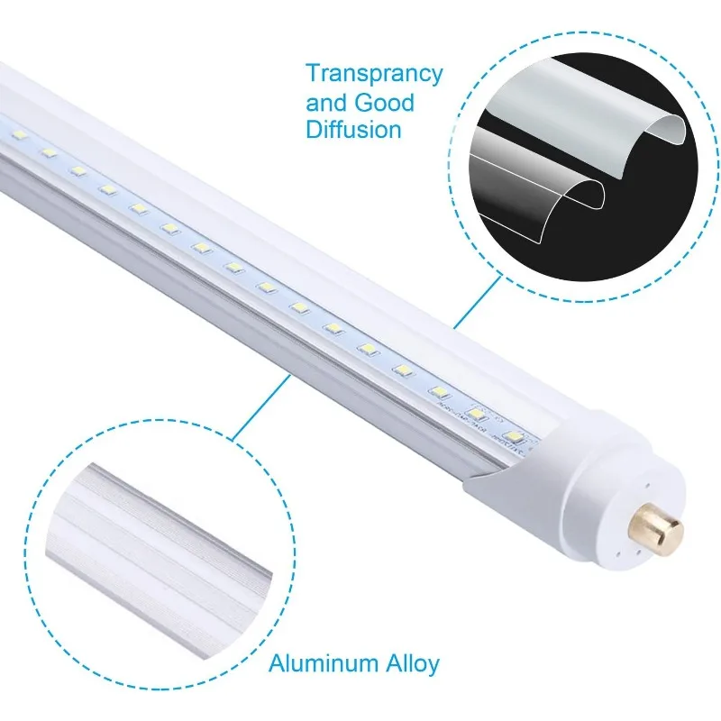 หลอดไฟ LED แบบหลอดยาว 8 ฟุต 96 นิ้ว, 5000K (สีขาวสว่างพิเศษ), ฝาครอบใส พร้อมขั้วต่อแบบขาเดียว FA8, T8 85V-265V AC 45W - 4800