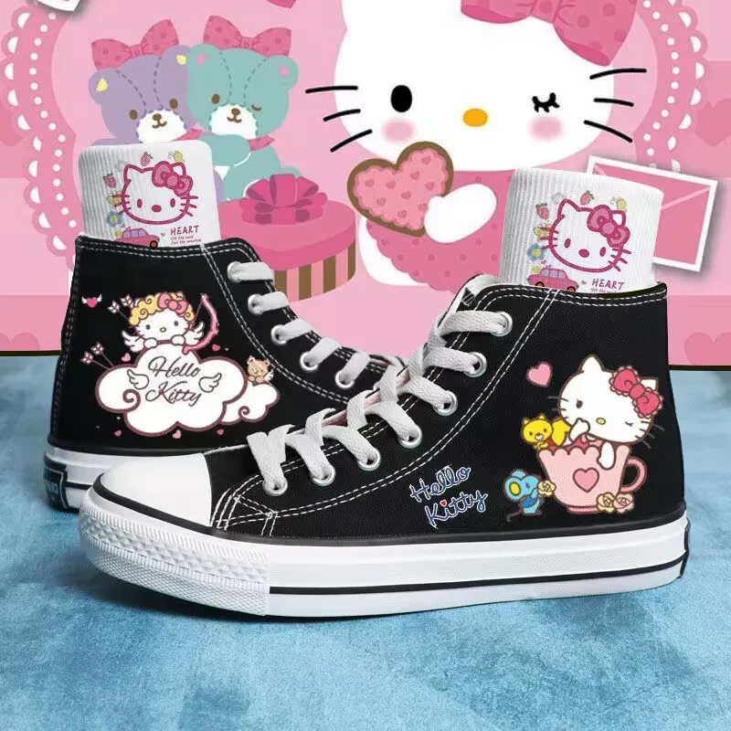 

Hello Kitty Couple Student Sneakers Women's Trend Graffiti Hand Painted Cute Casual Shoes Lolita High Top Flats Canvas Shoes