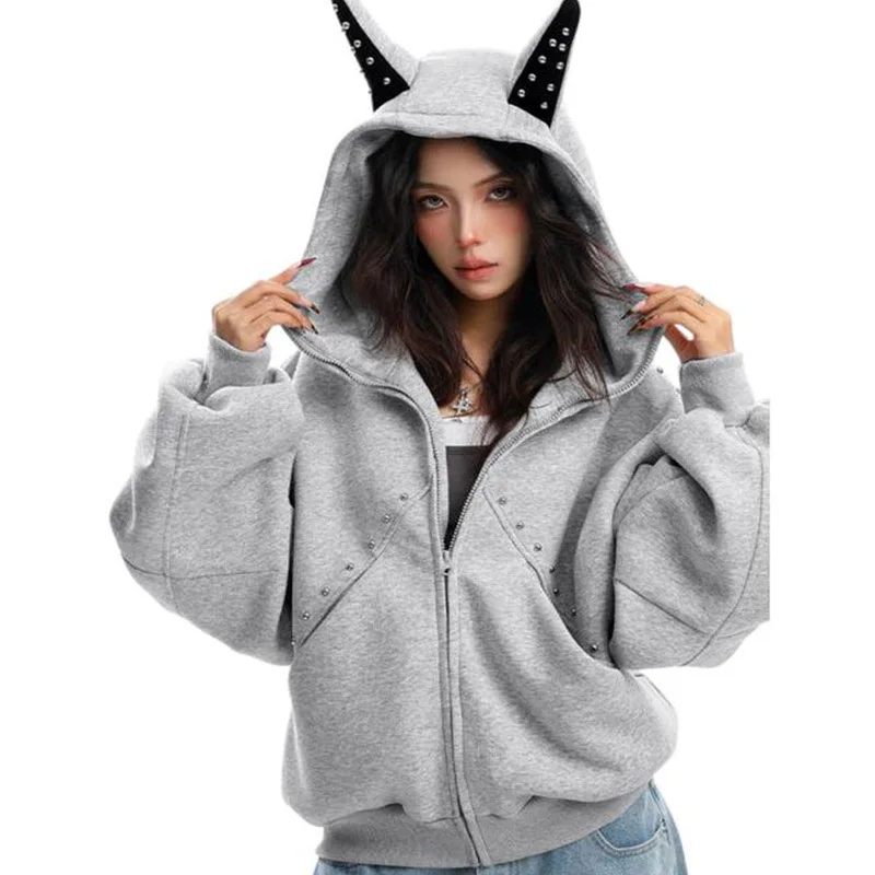 Gothic Punk Studded Animal Ear Hoodie-Asymmetric Patchwork Unisex Streetwear Couple Matching Jacket Goth Grunge Aesthetic Coat