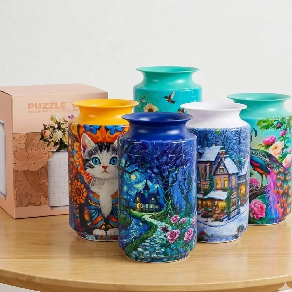 DIY 3D Jigsaw Vase Home Desktop Decor & Artificial Flowers Puzzle Creative Craft Kit Gifts Starry Night Design 152Pcs